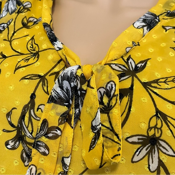 Retrology retro floral yellow blouse Women PL rushed short sleeves V- neck bow - Picture 15 of 16